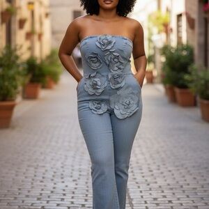 Elegant Strapless Denim Jumpsuit with Floral Accents